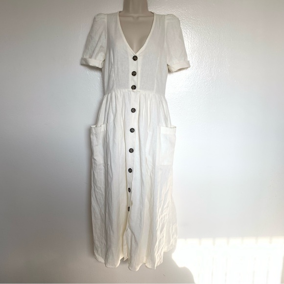 Zara TRF Trafaluc linen viscose cotton midi ivory white dress with buttons - Picture 2 of 12